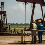 Oilfield workers operating pumpjacks in the USA, representing top cementing service providers.