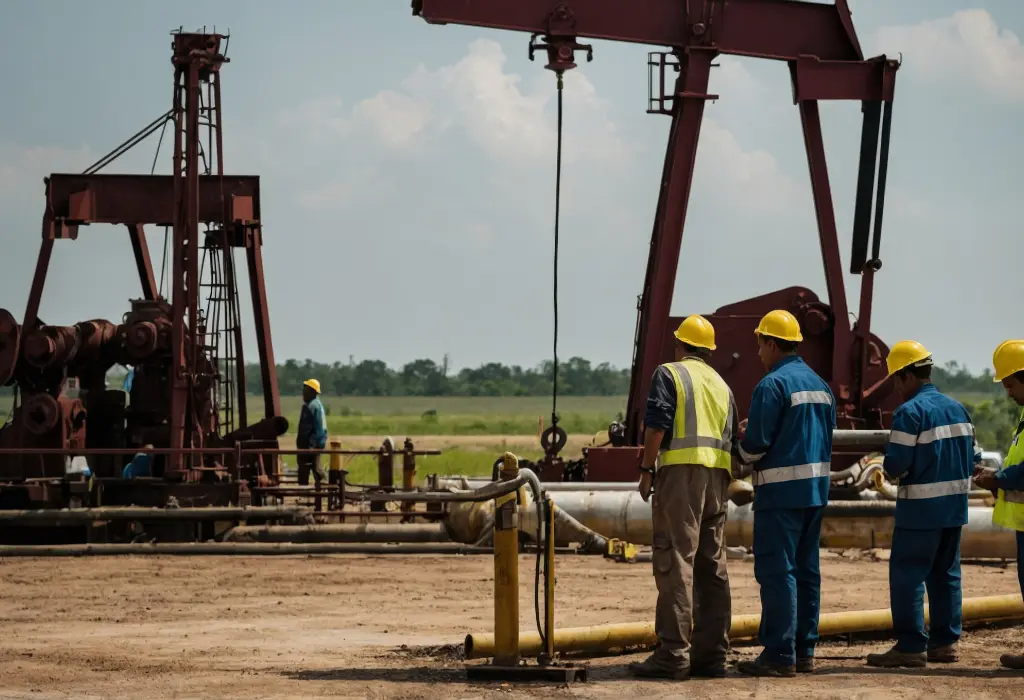 Oilfield workers operating pumpjacks in the USA, representing top cementing service providers.