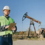 Oilfield worker monitoring cementing additives application with pumpjack in background
