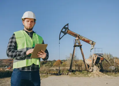 Oilfield worker monitoring cementing additives application with pumpjack in background