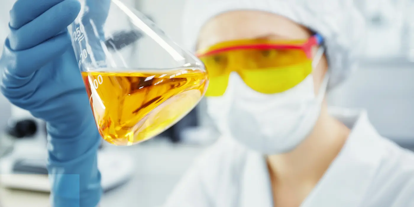 Lab technician holding a beaker with orange liquid during crosslinker testing for oilfield operations