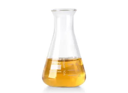 Laboratory flask containing clay stabilizer chemical used in oil and gas industry to prevent clay swelling and fines migration.