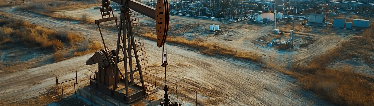 Oil pumpjack in a dry oil field with surrounding industrial infrastructure including pipelines and storage tanks