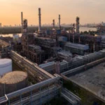 Aerial view of a U.S. oil refinery with pipelines and tanks near a river at sunset, illustrating midstream and upstream energy operations in 2025
