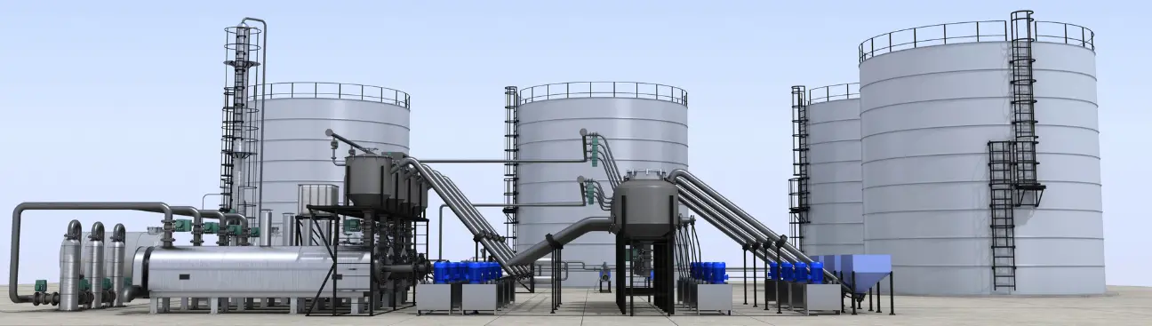 Industrial facility with large storage tanks, pipelines, and processing units representing midstream and downstream oil and gas operations.
