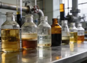 Glass bottles containing different liquid chemical samples with visible layers and sediment on an industrial laboratory workbench for oil and gas applications